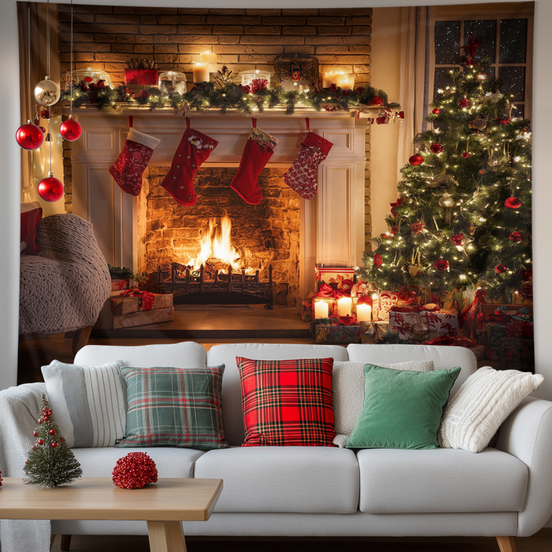 Χριστουγεννιάτικο ταπετσαρία τοίχου με χιονισμένο τοπίο και τζάκι — πολυεστέρας, 100% πολυεστέρας, μηχανική ύφανση, ορθογώνιο, δυνατότητα προσαρμογής