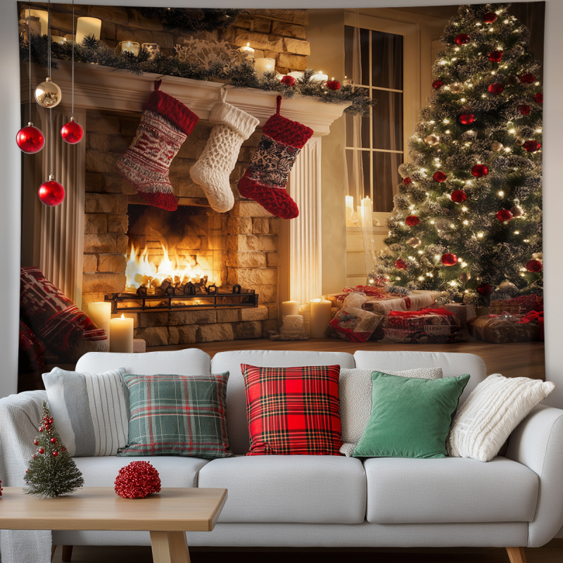 Χριστουγεννιάτικο ταπετσαρία τοίχου με χιονισμένο τοπίο και τζάκι — πολυεστέρας, 100% πολυεστέρας, μηχανική ύφανση, ορθογώνιο, δυνατότητα προσαρμογής