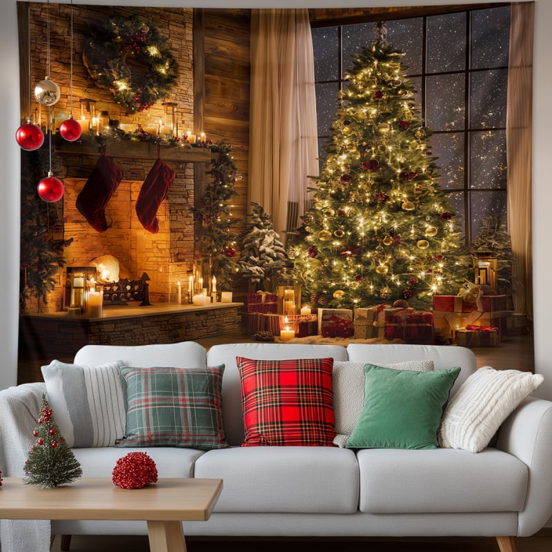 Χριστουγεννιάτικο ταπετσαρία τοίχου με χιονισμένο τοπίο και τζάκι — πολυεστέρας, 100% πολυεστέρας, μηχανική ύφανση, ορθογώνιο, δυνατότητα προσαρμογής