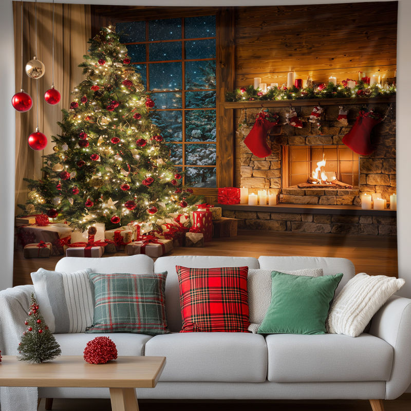 Χριστουγεννιάτικο ταπετσαρία τοίχου με χιονισμένο τοπίο και τζάκι — πολυεστέρας, 100% πολυεστέρας, μηχανική ύφανση, ορθογώνιο, δυνατότητα προσαρμογής