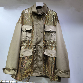 Kaput sa šljokicama, stojeći ovratnik, dugi rukavi, jesen 2024, gradski stil