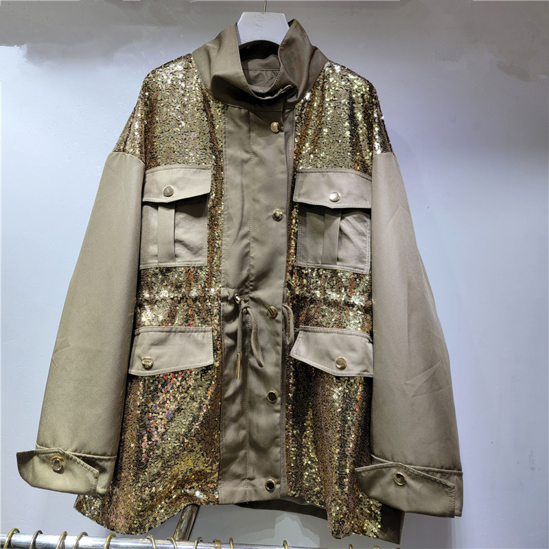 Kaput sa šljokicama, stojeći ovratnik, dugi rukavi, jesen 2024, gradski stil