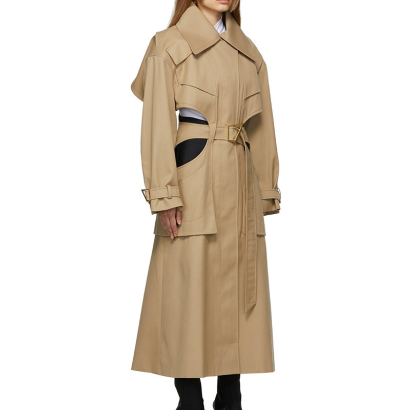 Ženski dugi trench kaput za proljeće/jesen, nišni dizajn s dekonstruiranim stilom, rukavi s izrezima i pojas u struku, poliester