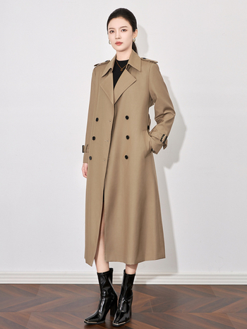 Дамски тренчкот в стил Нанюй, дълъг силует, полиестер, двуредно копчане, дълги ръкави, средна дължина