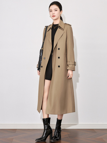 Дамски тренчкот в стил Нанюй, дълъг силует, полиестер, двуредно копчане, дълги ръкави, средна дължина