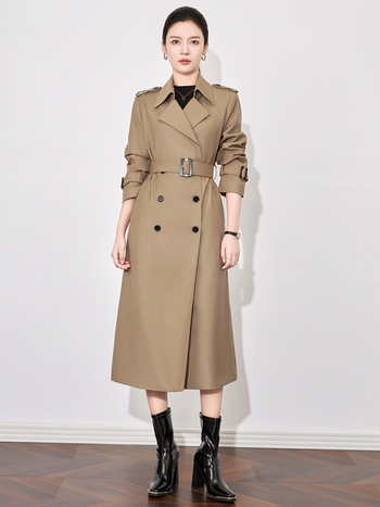 Дамски тренчкот в стил Нанюй, дълъг силует, полиестер, двуредно копчане, дълги ръкави, средна дължина