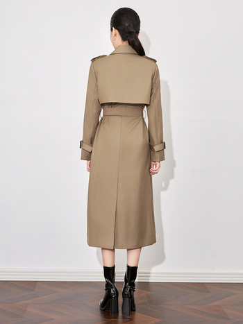 Дамски тренчкот в стил Нанюй, дълъг силует, полиестер, двуредно копчане, дълги ръкави, средна дължина