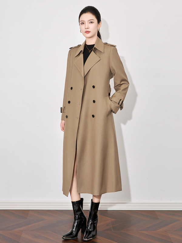 Дамски тренчкот в стил Нанюй, дълъг силует, полиестер, двуредно копчане, дълги ръкави, средна дължина