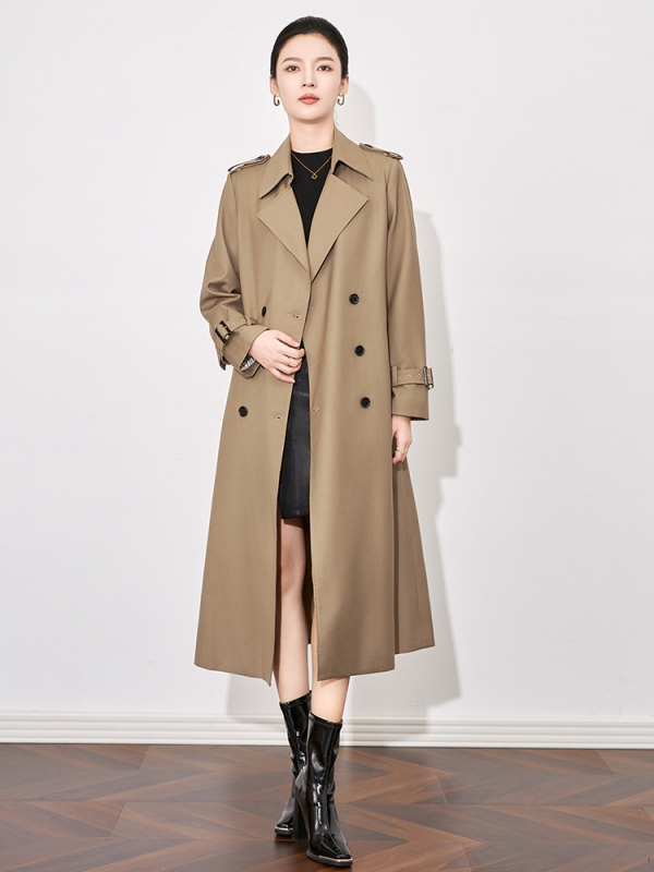 Дамски тренчкот в стил Нанюй, дълъг силует, полиестер, двуредно копчане, дълги ръкави, средна дължина