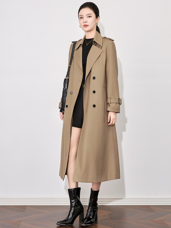Дамски тренчкот в стил Нанюй, дълъг силует, полиестер, двуредно копчане, дълги ръкави, средна дължина