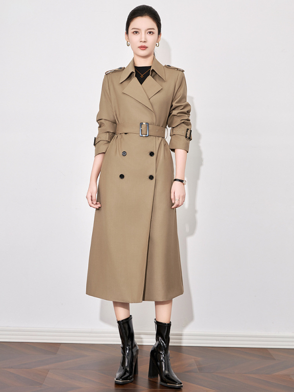 Дамски тренчкот в стил Нанюй, дълъг силует, полиестер, двуредно копчане, дълги ръкави, средна дължина