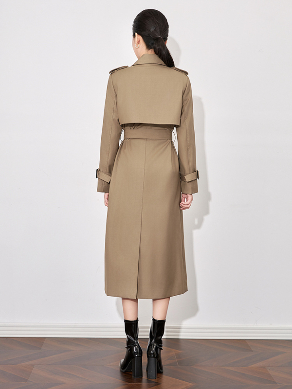 Дамски тренчкот в стил Нанюй, дълъг силует, полиестер, двуредно копчане, дълги ръкави, средна дължина