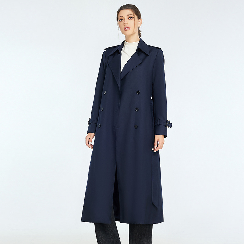 Дамски тренчкот в стил Нанюй, дълъг силует, полиестер, двуредно копчане, дълги ръкави, средна дължина