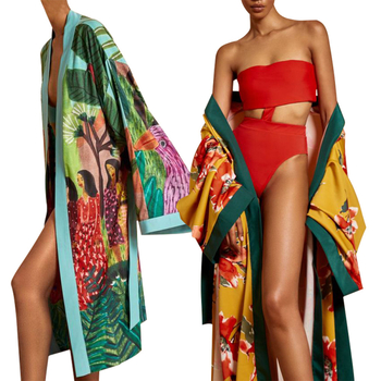 Jakna s kimono uzorkom, cvjetni uzorak, poliester, dugi raglani rukavi, labav kroj, produžena duljina