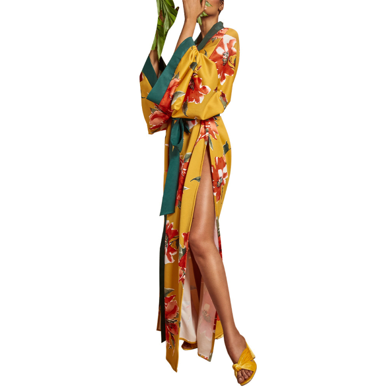 Jakna s kimono uzorkom, cvjetni uzorak, poliester, dugi raglani rukavi, labav kroj, produžena duljina