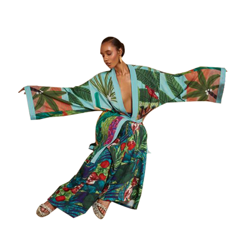 Jakna s kimono uzorkom, cvjetni uzorak, poliester, dugi raglani rukavi, labav kroj, produžena duljina