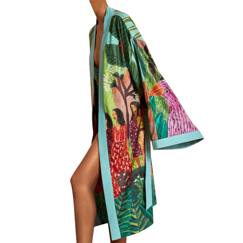 Jakna s kimono uzorkom, cvjetni uzorak, poliester, dugi raglani rukavi, labav kroj, produžena duljina