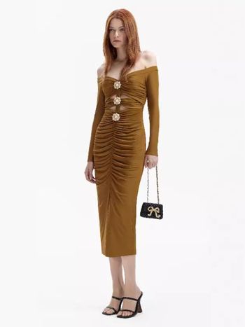 Rochie florală fără umăr, stil bandaj, lungă, talie înaltă, material poliester-elastan, fermoar, elegantă pentru seară