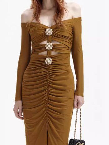 Rochie florală fără umăr, stil bandaj, lungă, talie înaltă, material poliester-elastan, fermoar, elegantă pentru seară