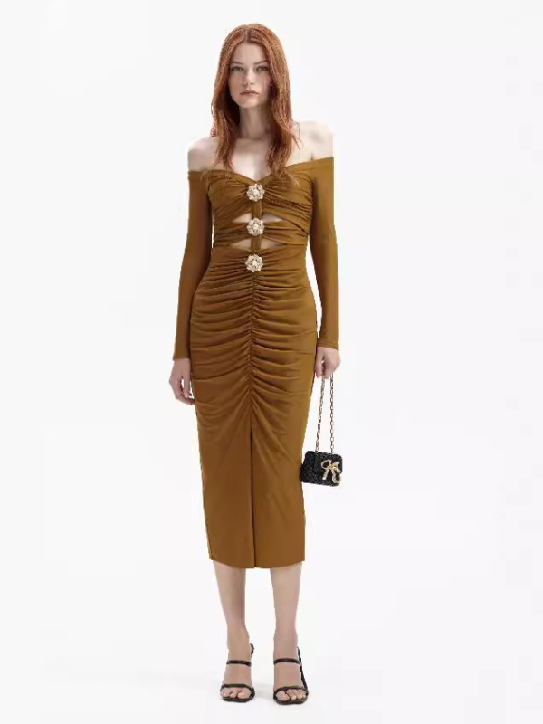 Rochie florală fără umăr, stil bandaj, lungă, talie înaltă, material poliester-elastan, fermoar, elegantă pentru seară