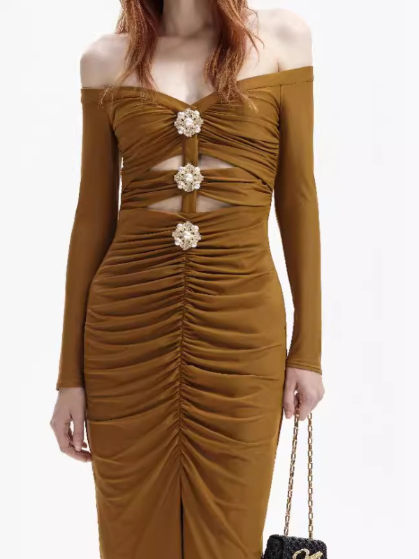 Rochie florală fără umăr, stil bandaj, lungă, talie înaltă, material poliester-elastan, fermoar, elegantă pentru seară