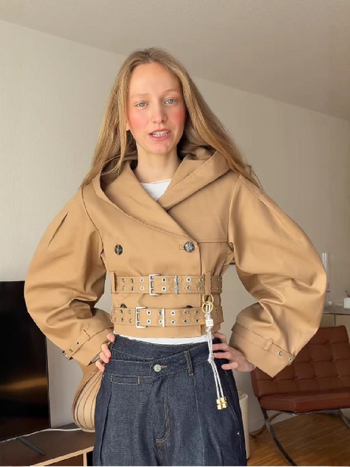 Palton trench cu glugă și curea, căptușit, din poliester, croială lejeră, stil urban de toamnă