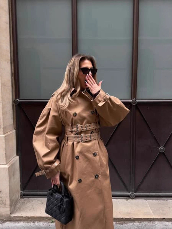 Palton trench cu glugă și curea, căptușit, din poliester, croială lejeră, stil urban de toamnă