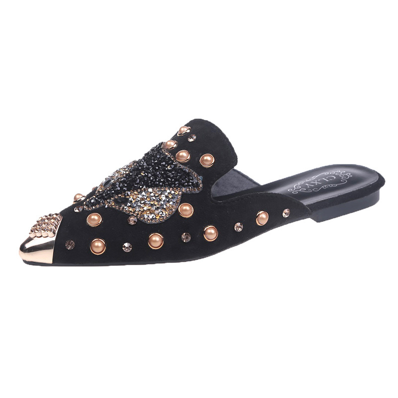 Ženske papuče s oštrim nosom, rhinestones i nite – zatvoren nos, ploski potplat, PU gornji dio