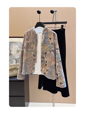 Jachetă din Mulberry silk, imprimeu floral, guler stand-up, mâneci lungi