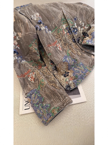 Jachetă din Mulberry silk, imprimeu floral, guler stand-up, mâneci lungi