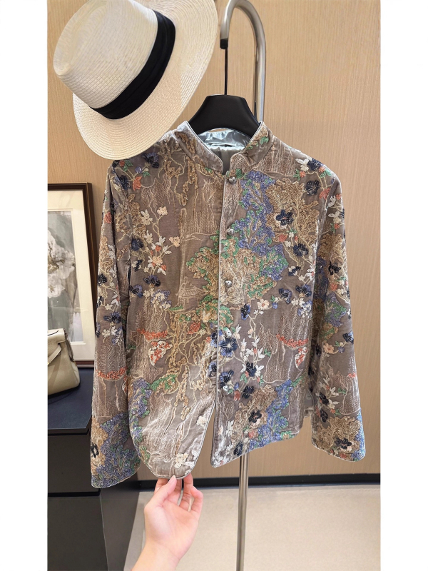 Jachetă din Mulberry silk, imprimeu floral, guler stand-up, mâneci lungi