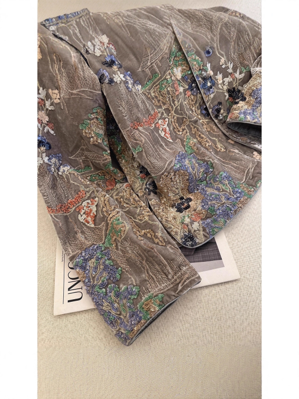 Jachetă din Mulberry silk, imprimeu floral, guler stand-up, mâneci lungi