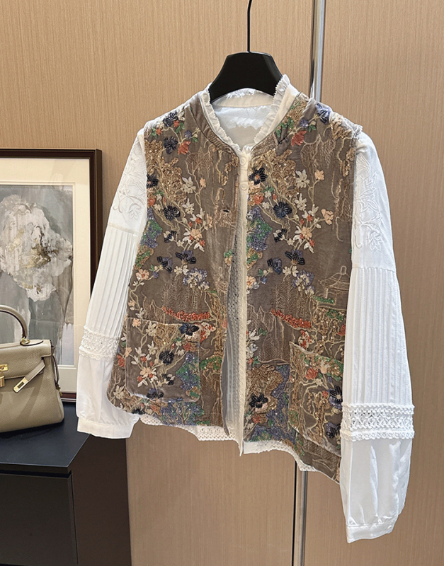 Jachetă din Mulberry silk, imprimeu floral, guler stand-up, mâneci lungi