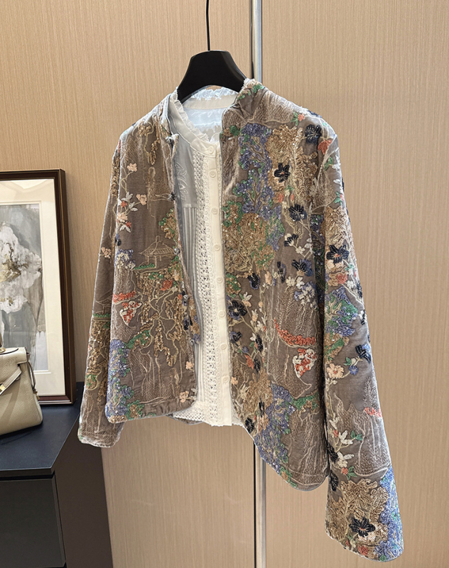 Jachetă din Mulberry silk, imprimeu floral, guler stand-up, mâneci lungi