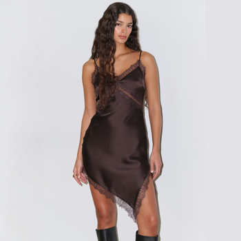 Rochie din dantelă cu despicare asimetrică, fără spate, decolteu în V, poliester