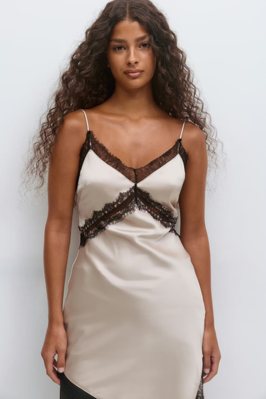 Rochie din dantelă cu despicare asimetrică, fără spate, decolteu în V, poliester