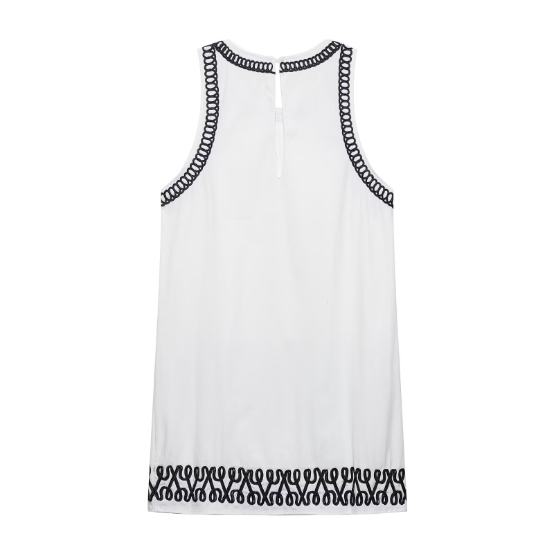 PB&ZA Rochie de vară pentru femei, poliester, culoare de contrast, croială în A-line, lungime medie, guler rotund