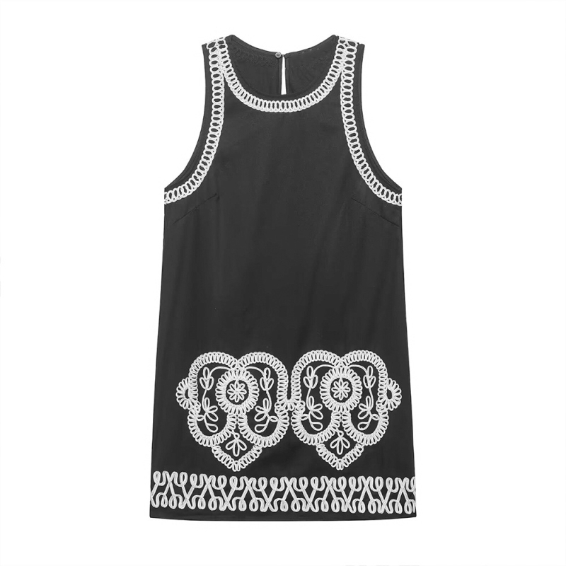 PB&ZA Rochie de vară pentru femei, poliester, culoare de contrast, croială în A-line, lungime medie, guler rotund