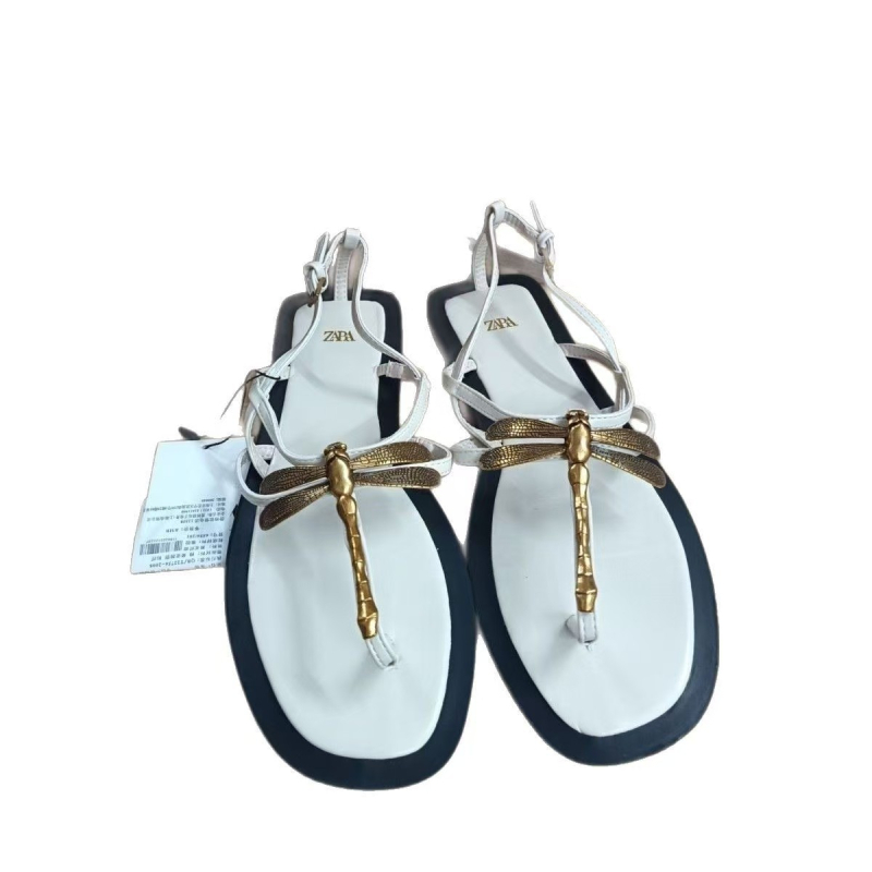 Sandale între degete cu ornament metal Dragonfly, vârf pătrat, talpă plată, partea superioară din super fiber, căptușeală PU, talpă din cauciuc