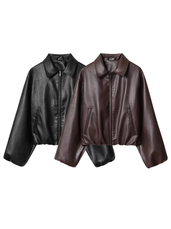 Geacă bomber din piele artificială pentru femei, poliester, mâneci lungi, fermoar, lungime 50–65 cm, grosime medie