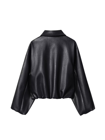 Geacă bomber din piele artificială pentru femei, poliester, mâneci lungi, fermoar, lungime 50–65 cm, grosime medie