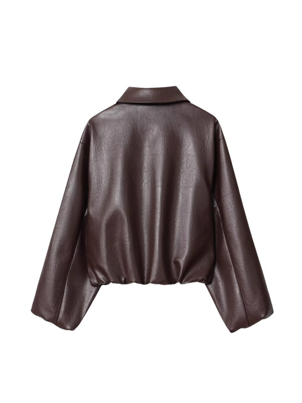 Geacă bomber din piele artificială pentru femei, poliester, mâneci lungi, fermoar, lungime 50–65 cm, grosime medie