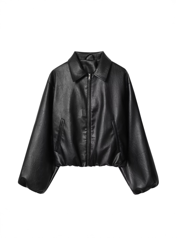 Geacă bomber din piele artificială pentru femei, poliester, mâneci lungi, fermoar, lungime 50–65 cm, grosime medie