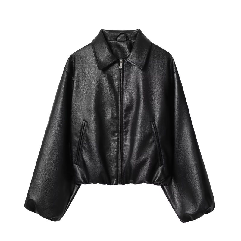 Geacă bomber din piele artificială pentru femei, poliester, mâneci lungi, fermoar, lungime 50–65 cm, grosime medie