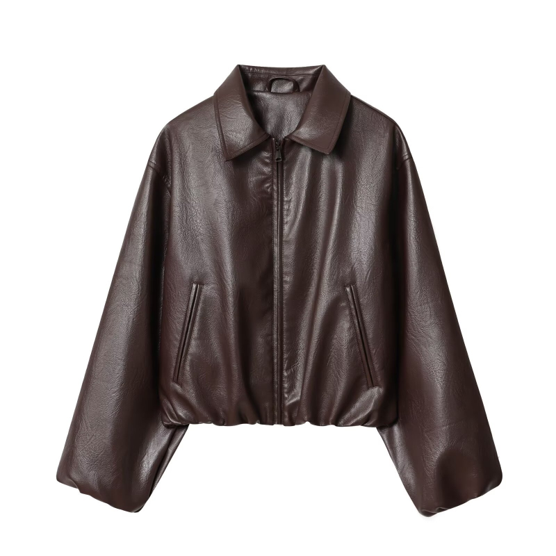 Geacă bomber din piele artificială pentru femei, poliester, mâneci lungi, fermoar, lungime 50–65 cm, grosime medie
