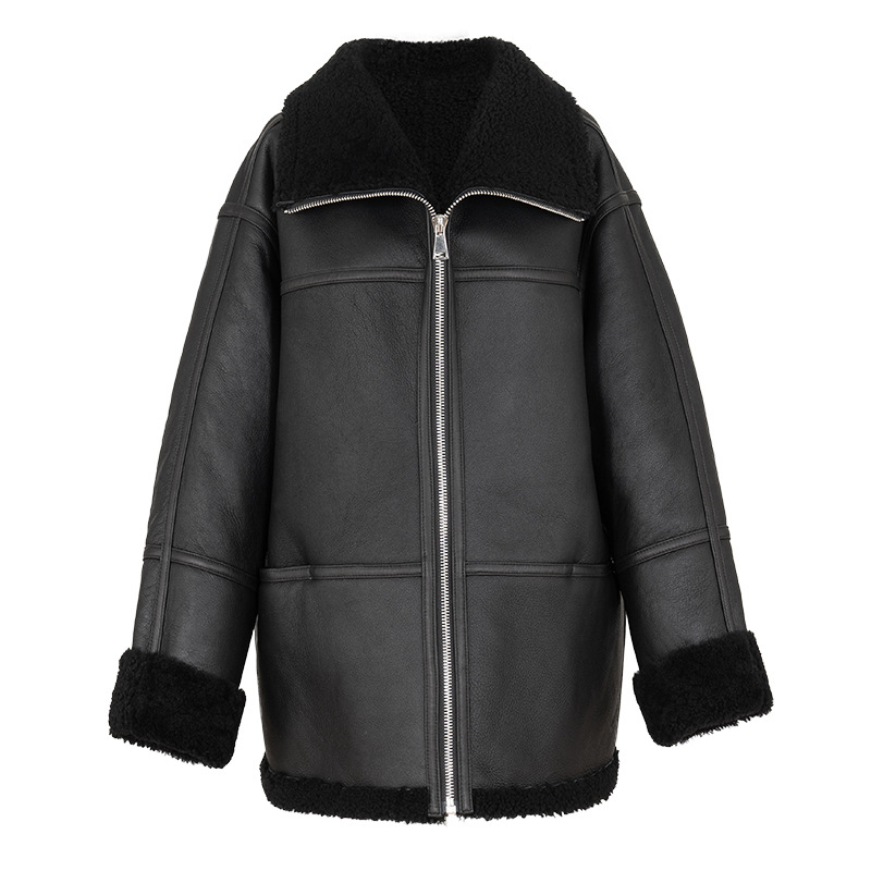 Palton femei din blană de miel, croială oversize, lungime medie, tiv PU