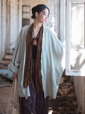 Cardigan: bumbac dublu strat, mâneci tip bat, croială lejeră, spălare prin nisip, stil Zen Wind