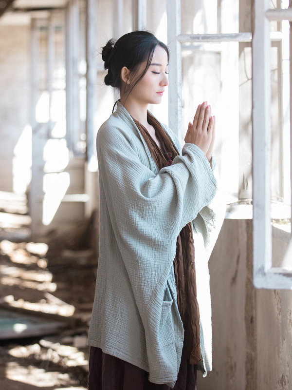 Cardigan: bumbac dublu strat, mâneci tip bat, croială lejeră, spălare prin nisip, stil Zen Wind