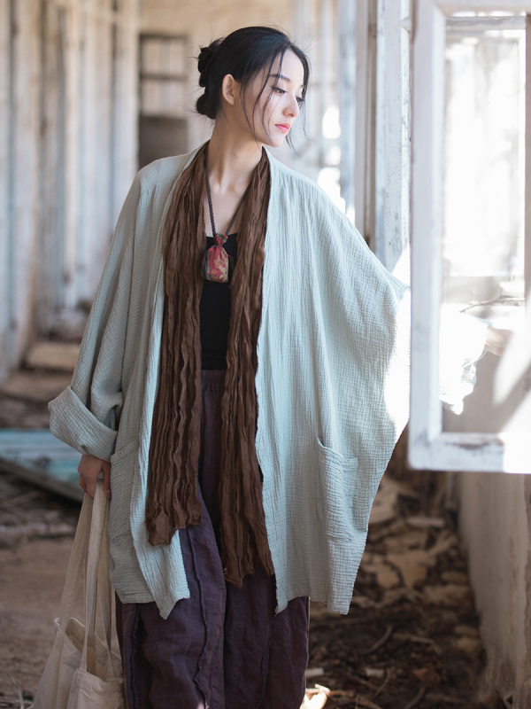 Cardigan: bumbac dublu strat, mâneci tip bat, croială lejeră, spălare prin nisip, stil Zen Wind