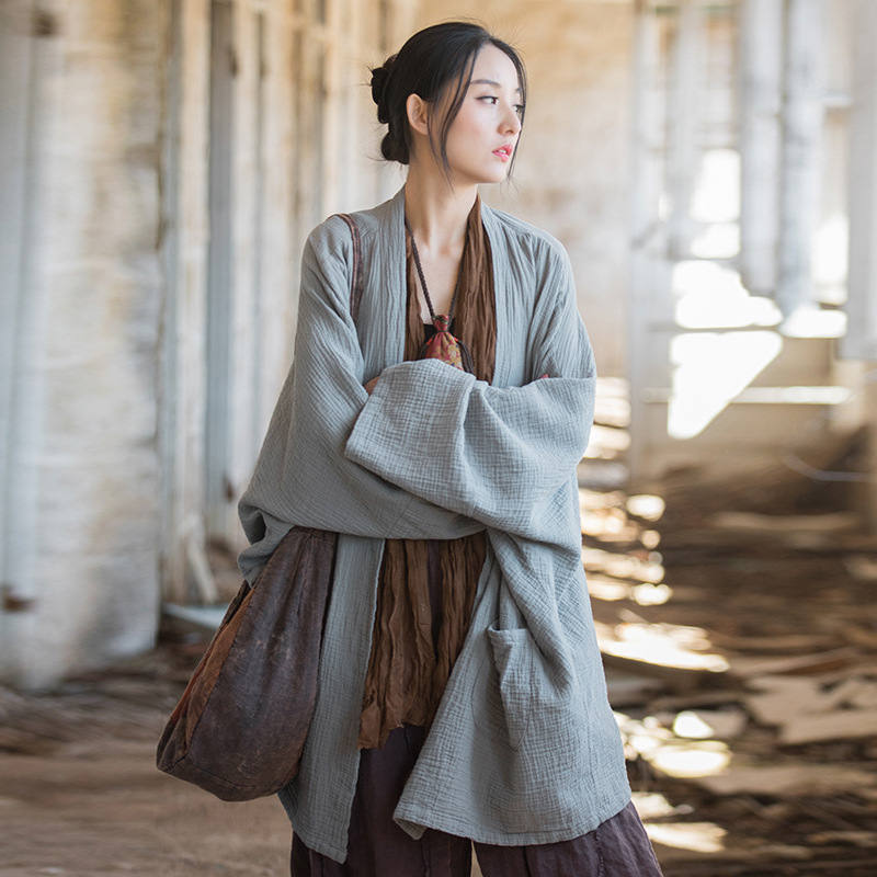 Cardigan: bumbac dublu strat, mâneci tip bat, croială lejeră, spălare prin nisip, stil Zen Wind